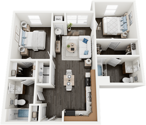Floor plan for 2 beds, 2 baths, 834 sqft